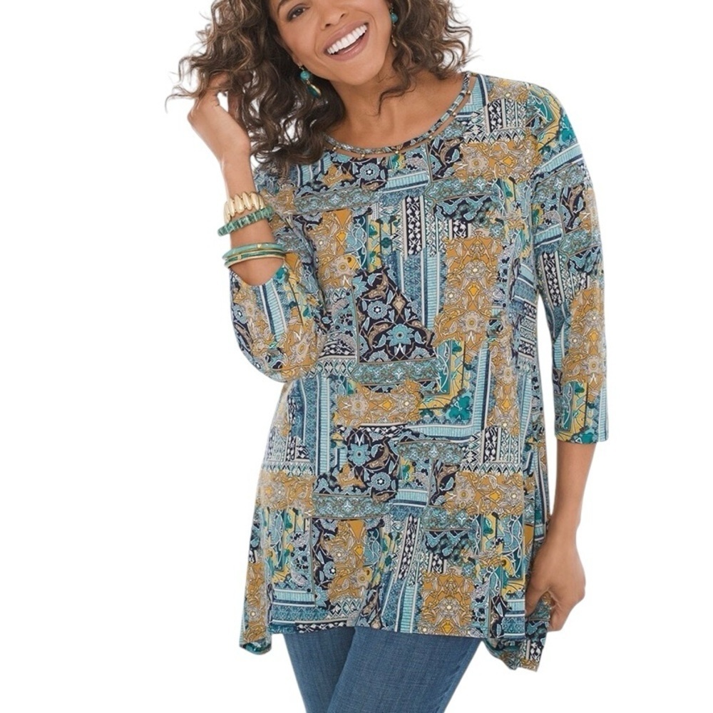 Chico’s Patchwork Tunic Top Boho Abstract Floral Cutout Scoop Neck Size 0 Small
